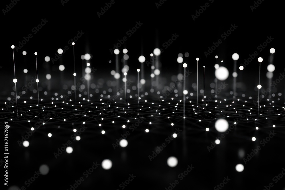 Poster abstract visualization of a network with glowing particles creating an intricate pattern in a dark e