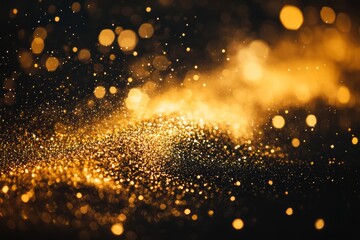 Obraz premium Golden shimmering circle of glittering particles on black background, copy space, Generative AI