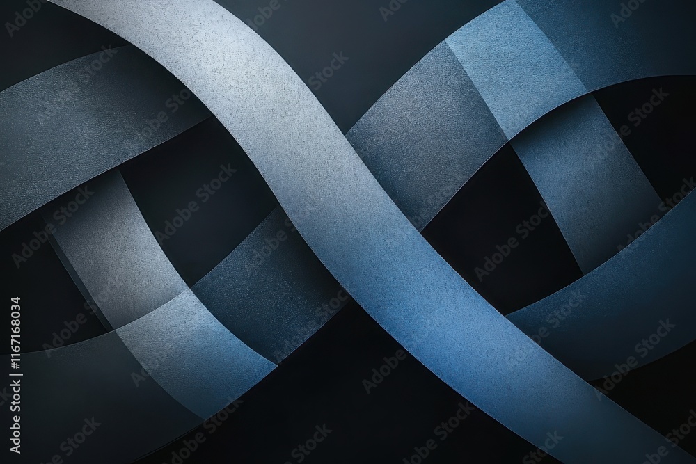 Poster Abstract blue ribbons intertwine creating a dynamic pattern on a dark background in a modern art display. Generative AI