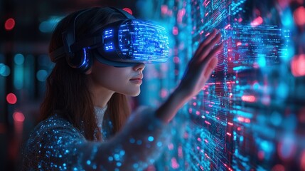 Student using VR headset for AI learning and interactive technology in futuristic classroom with blue hologram