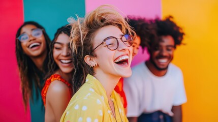Joyful Group of Friends Smiling Together Against Colorful Background