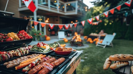 Backyard barbecue on Canada Day with snacks and flag.