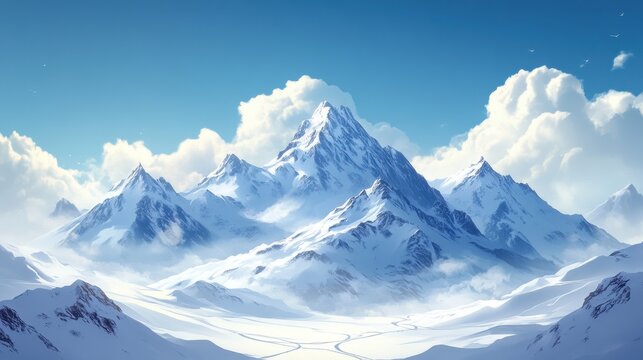 Majestic snow-capped peaks rise under a brilliant blue sky illuminated by soft, fluffy clouds at dawn