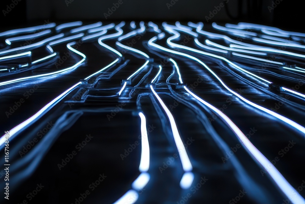 Poster abstract display of illuminated lines on a dark surface showing intricate patterns in glowing blue a