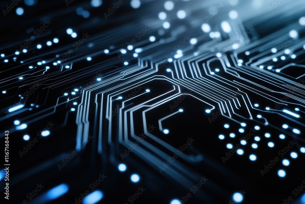 Poster close-up view of a futuristic circuit board with glowing blue lights and intricate patterns showcasi