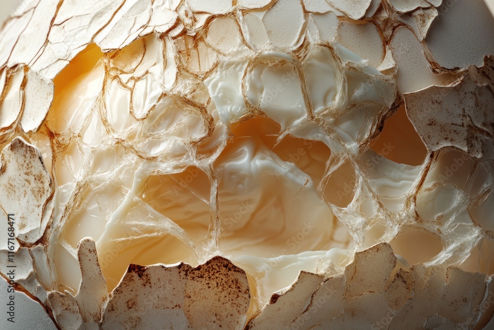 Poster close-up view of a cracked eggshell displaying intricate patterns and textures that reveal the fragi