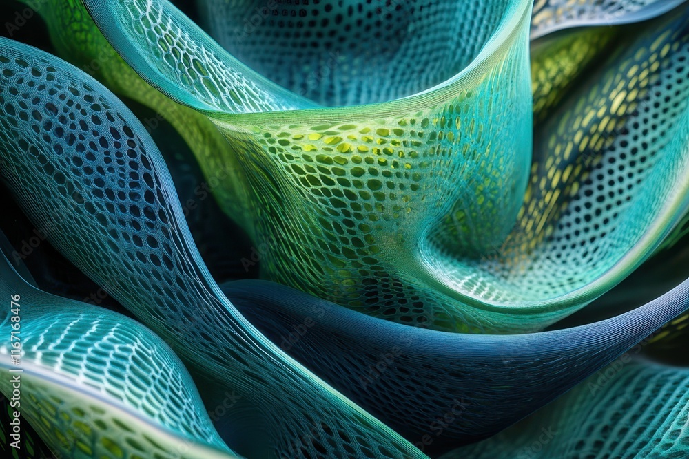 Poster textured fabric waves in shades of green and blue create an abstract visual of movement and depth in
