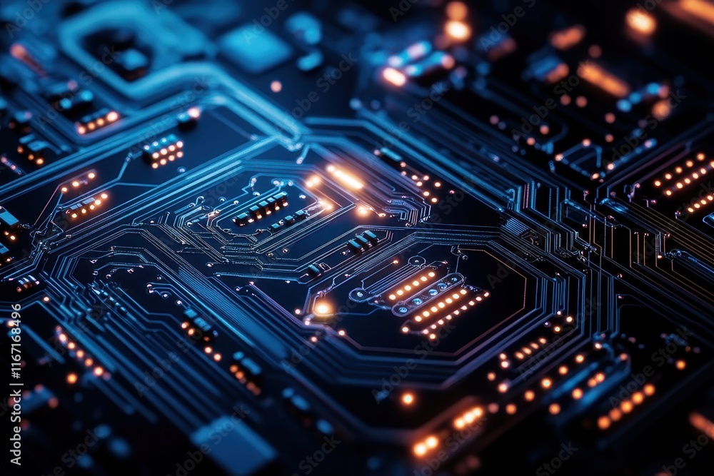 Poster detailed view of a modern circuit board showcasing intricate pathways and glowing components in a da