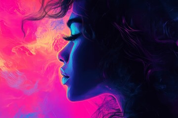Fototapeta premium Neon portrait, woman's profile, vibrant colors, abstract background.