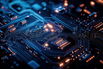 Obraz premium Detailed view of a modern circuit board showcasing intricate pathways and glowing components in a dark environment. Generative AI