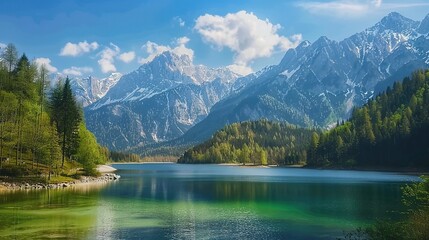Breathtaking view of Fusine lake with Mangart peak on background. Popular travel destination of Mediterranean sea. Location: Tarvisio comune , spring