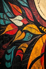 Abstract artwork; carved, vibrant, multicolored leaves.