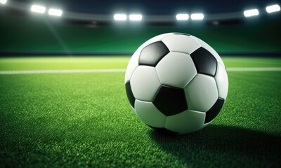 Fototapeta premium Soccer ball on green field under stadium lights within modern sports arena