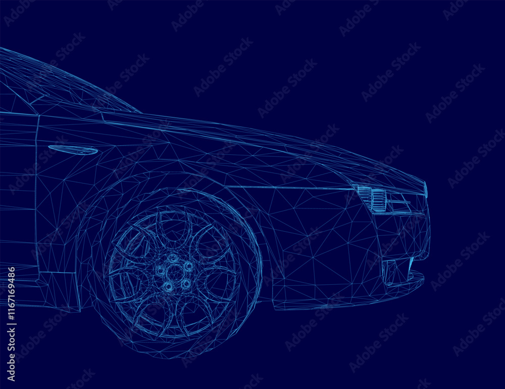 Poster car is shown in a blue background with a wireframe style. the car is a modern design with a sleek an