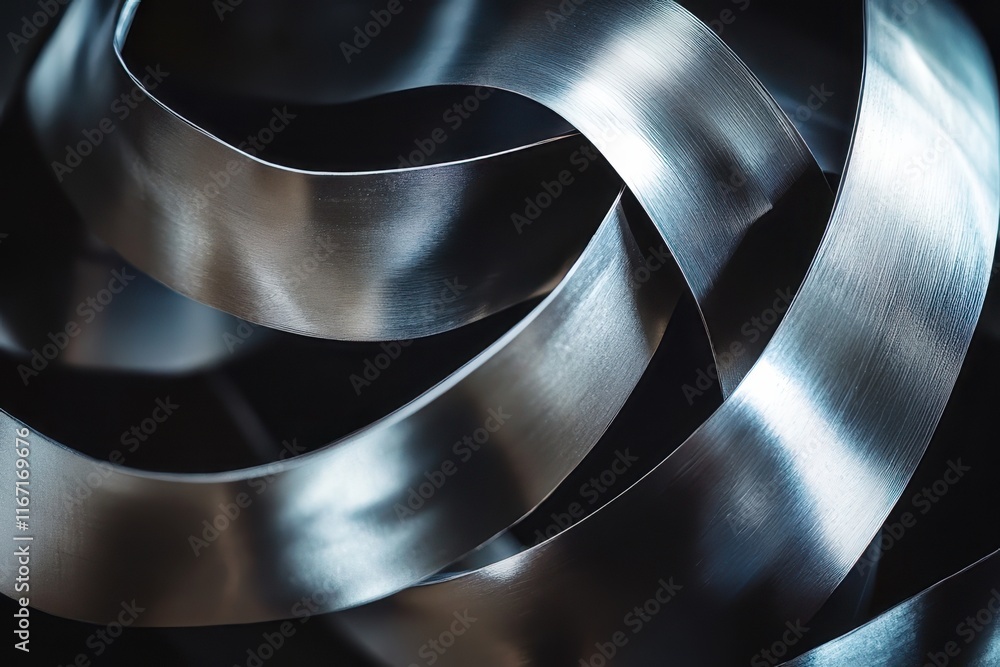 Poster metallic ribbons intertwined in a dynamic spiral arrangement with a reflective surface showcasing in