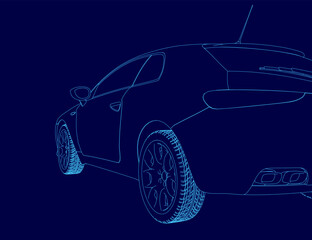 Naklejka premium Blue car is shown in a stylized way. The car is a sports car with a sleek design. The car is shown from the side, with the wheels and tires visible. The image has a modern and futuristic feel to it