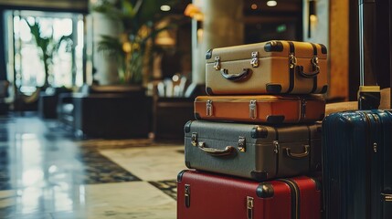 Colorful Luggage Stacked in Elegant Hotel Lobby with Modern Decor