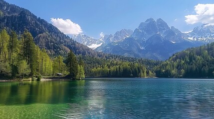 Breathtaking view of Fusine lake with Mangart peak on background. Popular travel destination of Mediterranean sea. Location: Tarvisio comune , spring