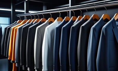 Obraz premium Elegant suit collection in modern wardrobe displayed on wooden hangers
