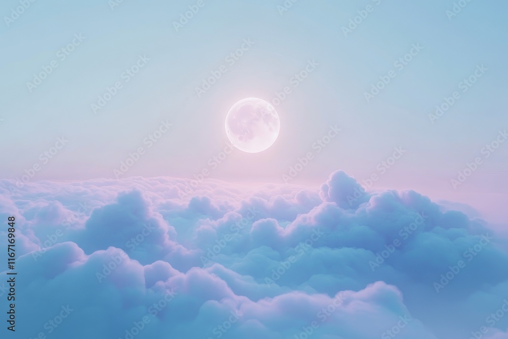 Poster mystical moonrise above fluffy clouds at twilight creating a serene atmosphere in the night sky. gen