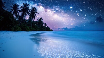 Tropical beach Milky Way night sky stars ocean.
