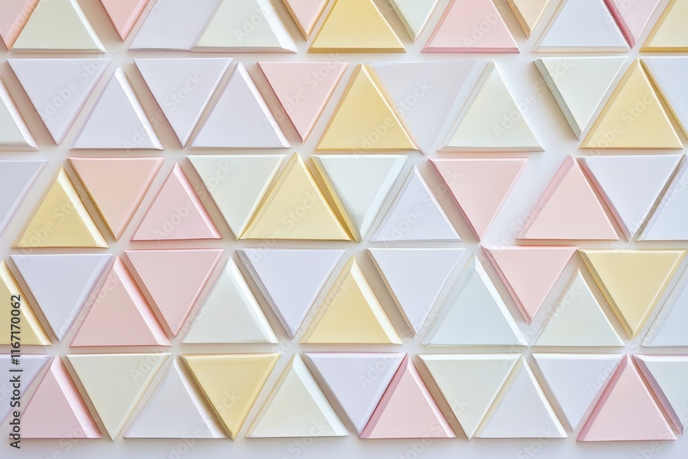 Poster colorful geometric patterns arranged with triangles in soft pastel shades on a textured surface. gen
