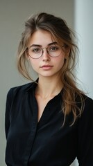 Fototapeta premium Young woman with glasses posing in a stylish black outfit near a window in bright natural light