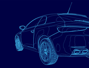 Blue car with a stripe on the side. The car is shown in a stylized way, with the wheels and tires emphasized. Scene is sleek and modern, with a focus on the car's design and features