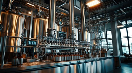 Fototapeta premium Modern Brewery Interior with Stainless Steel Equipment and Bottles