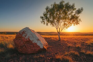 A large red rock stands on flat ground, in front of it is an isolated white eucalyptus tree with long leaves and other rocks, as the sun sets in a bright sky, desert landscape, red-orange gradient 