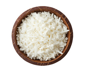 Top view of shredded coconut in a rustic wooden bowl, placed against a black background for contrast and texture.