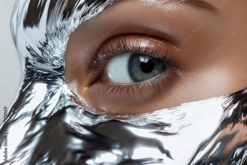 Aufkleber close-up of a model's eye partially covered with reflective metallic foil in a studio setting during