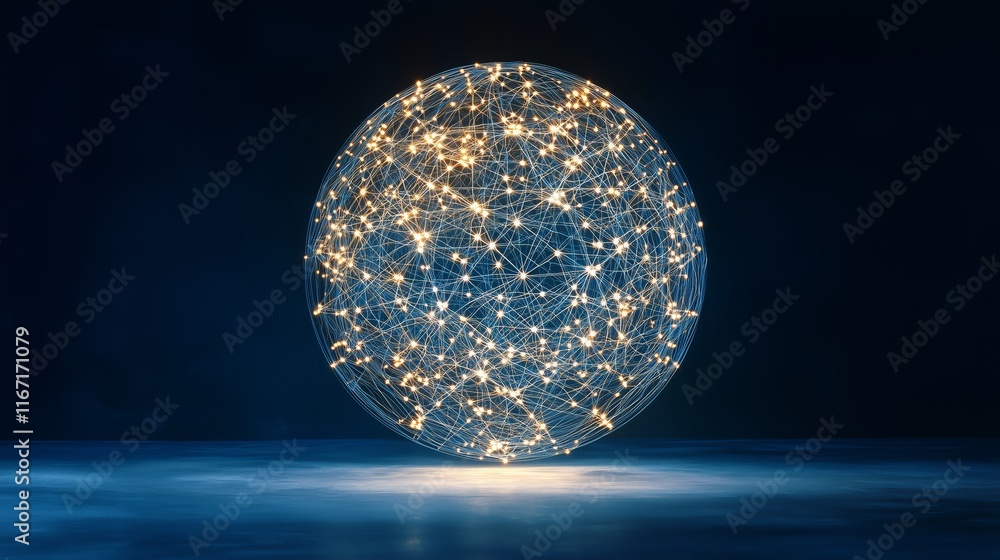 Poster digital sphere with connected nodes and glowing lights in dark space
