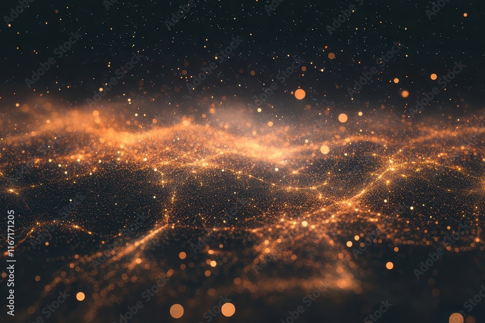 Poster glowing particles and waves create a cosmic atmosphere with shimmering lights in a dark backdrop. ge