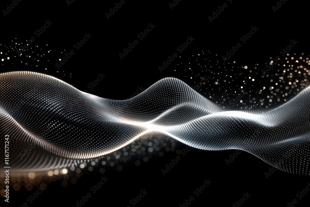 Poster colorful abstract wave patterns with shimmering dots in a dark background. generative ai