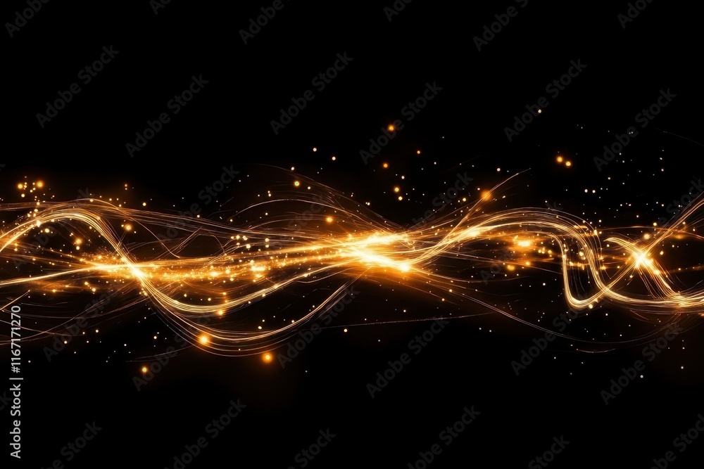 Poster dynamic swirling patterns of golden light against a black background create an abstract visual displ