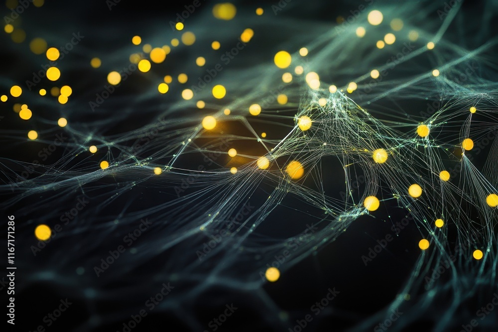 Poster abstract network of glowing dots and strands representing connections in a digital space. generative
