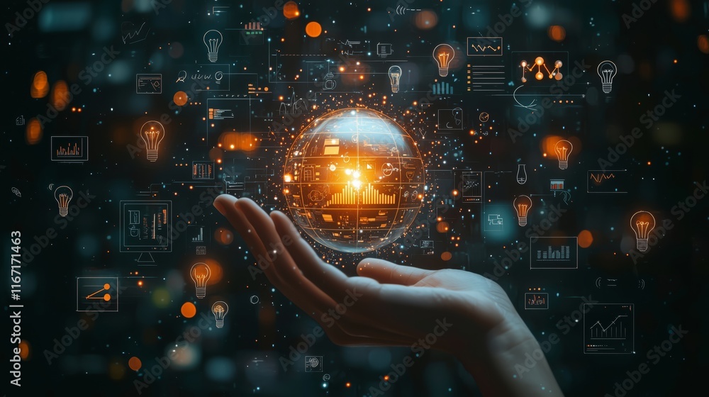 Poster digital sphere of innovation and data analysis in a hand