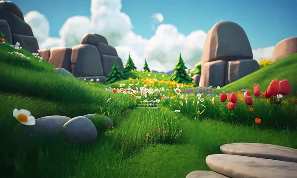 Flowers, grass, boulders, stones, meadows, game concept
