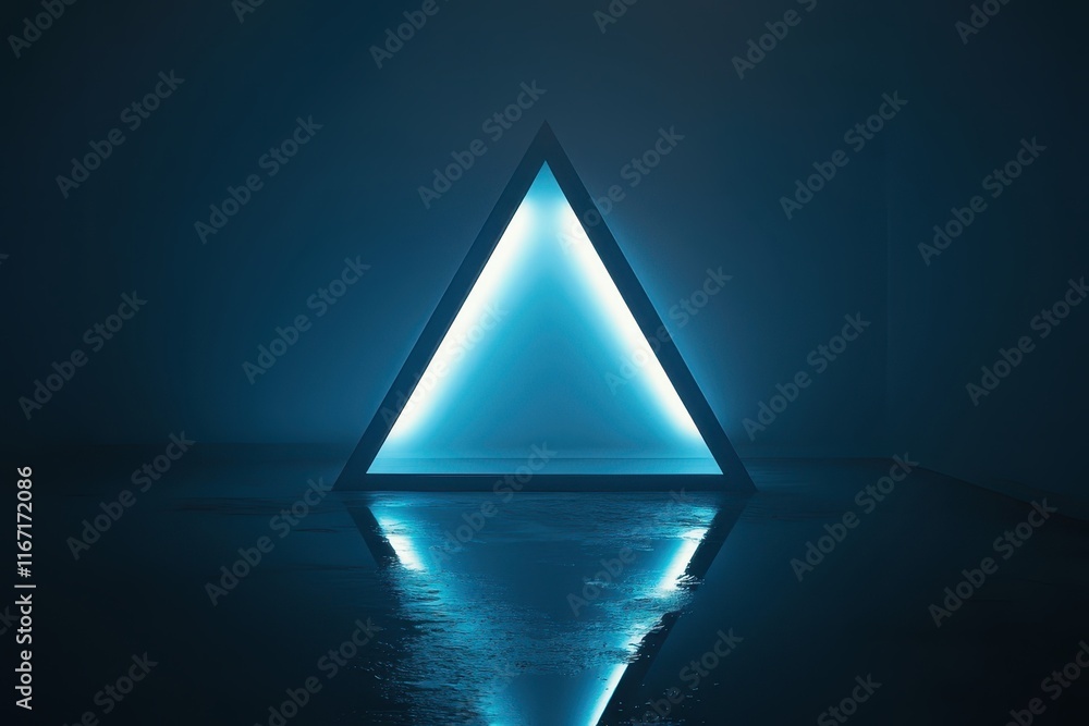 Poster illuminated triangular structure radiating blue light in a dark environment creates an ethereal atmo