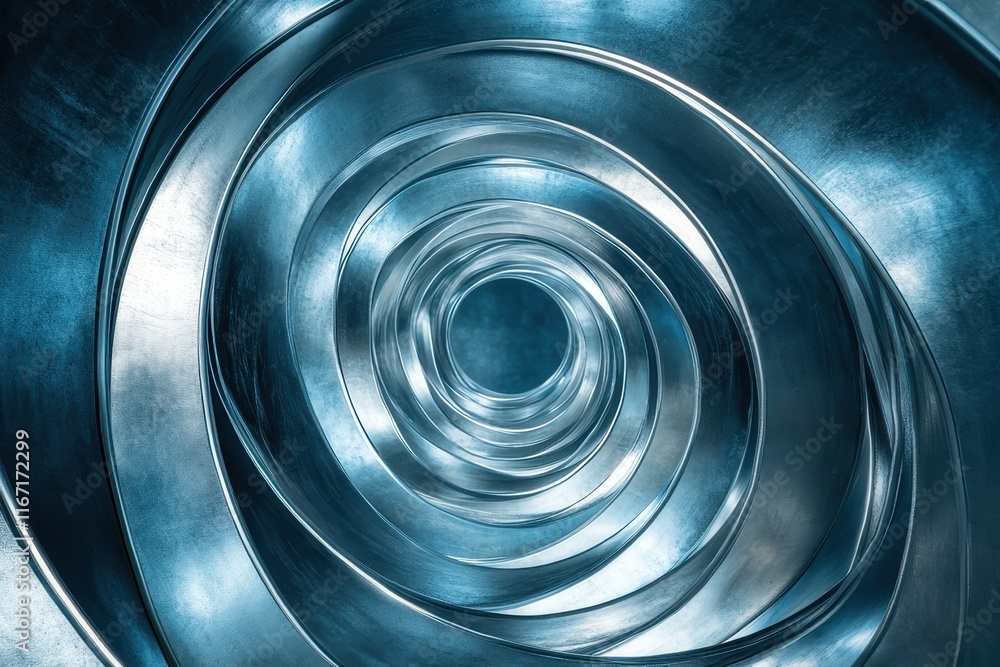 Poster Circular metal spirals create an abstract pattern showcasing reflections and depth from a unique perspective in a modern design. Generative AI