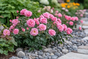 Fototapeta premium Pink Grootendorst hybrid rugosa rose blooming in summer garden, Generative AI