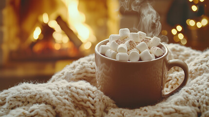 A steaming mug of hot chocolate with marshmallows, nestled in a cozy armchair by a crackling fireplace, with a soft blanket, creating a warm, inviting atmosphere in shades of brown
