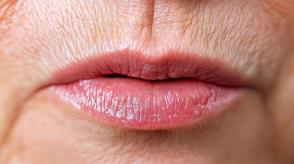 Close-up of woman's lips, showing wrinkles and texture.  Beauty, skincare, aging concept.