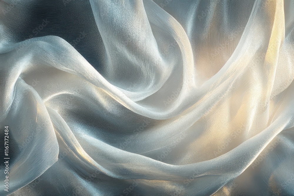 Poster delicate white fabric draped in soft waves with natural light highlighting its textures and patterns