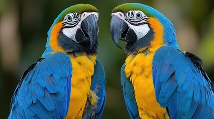Fototapeta premium Two blue-and-gold macaws facing each other, lush green background; wildlife, nature photography.