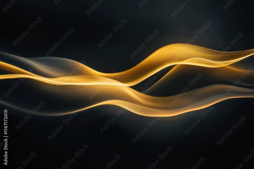 Poster flowing waves of golden light create an ethereal atmosphere in a dark setting showcasing elegance an