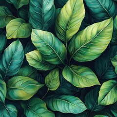 Fototapeta premium tropical botanical watercolor illustration with lush green leaves and flowers on black background