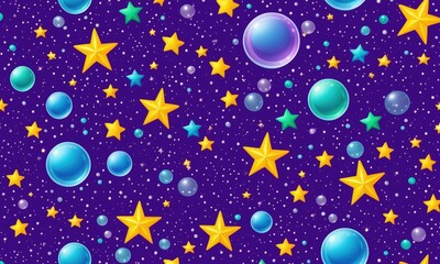 Fototapeta premium Seamless cosmic pattern with colorful stars and bubbles on a starry night background
