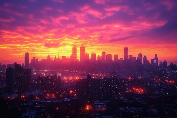 a city skyline illuminated at sunset with buildings silhouetted against a canvas of fiery oranges and purples capturing the dynamic energy of urban life transitioning from day to night